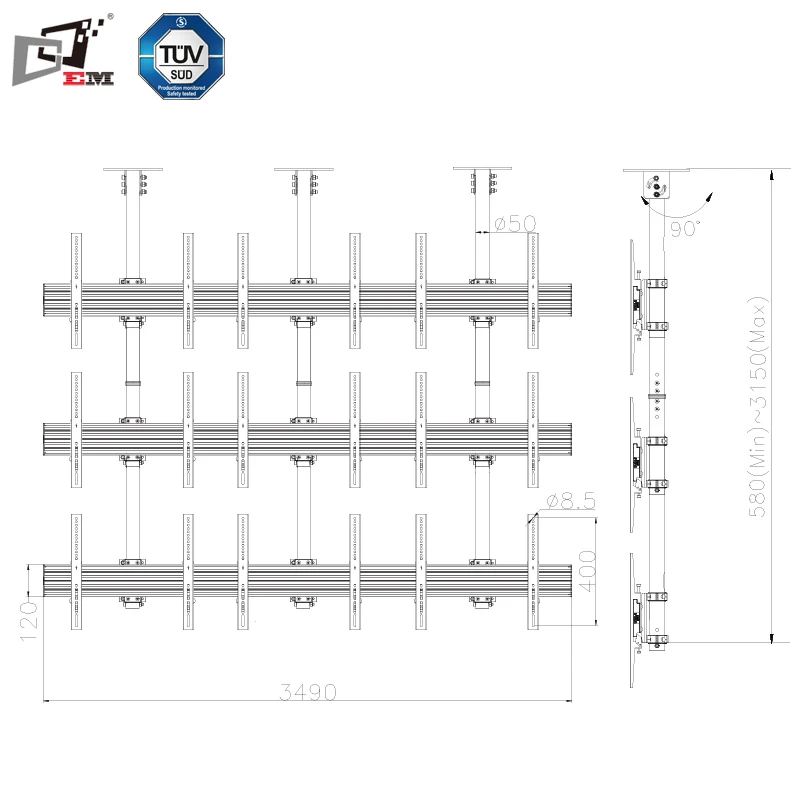 Multi Screens Adjustment Telescopic Ceiling Pole Mounted TV Bracket Ceiling VESA Mount for Professional Advertising Display