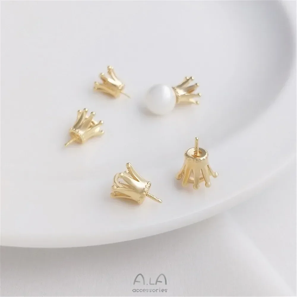 14K Gold Plated Crown Half Hole Bead Holder Pendant Crystal Pearl Empty Holder Bead Holder Handmade DIY Jewelry Accessories C097