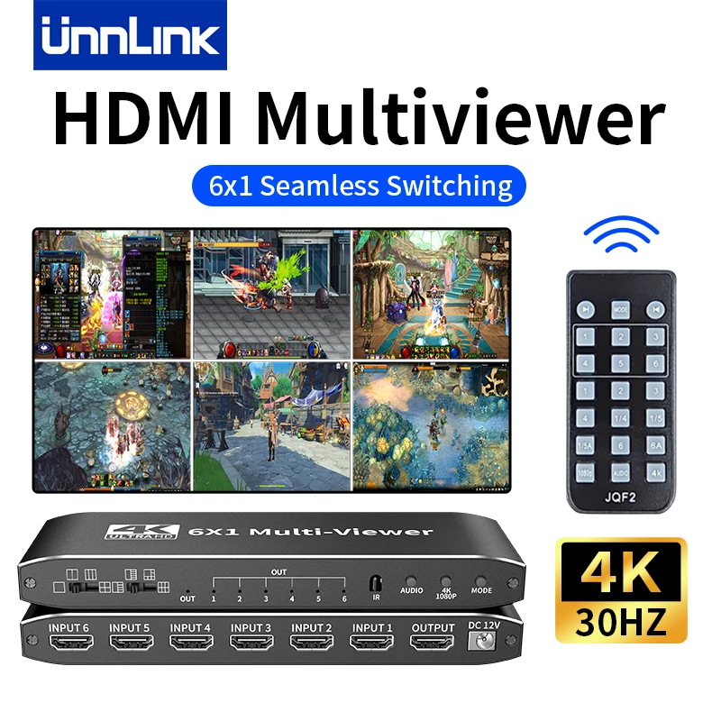 

Unnlink 4K HDMI Multiviewer 6x1 Seamless Switching Quad Screen Switcher 6 In 1 Out with IR Remoter for Camera Monitor Projector