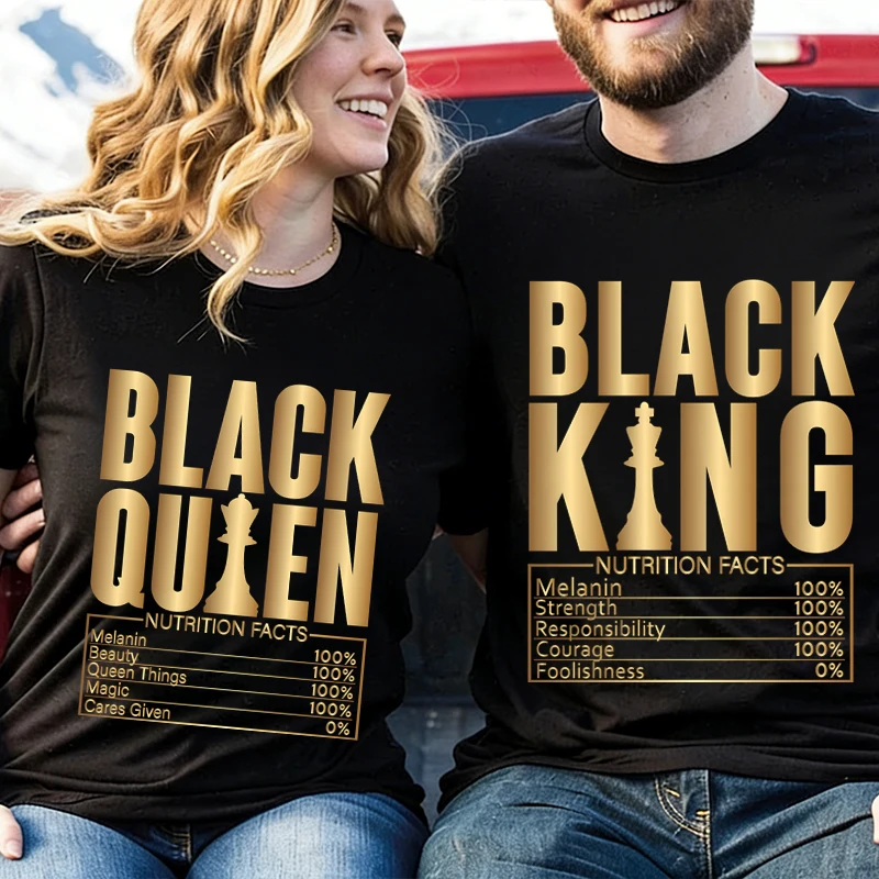 

Matching Couple Shirts Black King and Queen Print T-Shirts Casual Short Sleeve Lovers Tees for Independence Day Anniversary Gift
