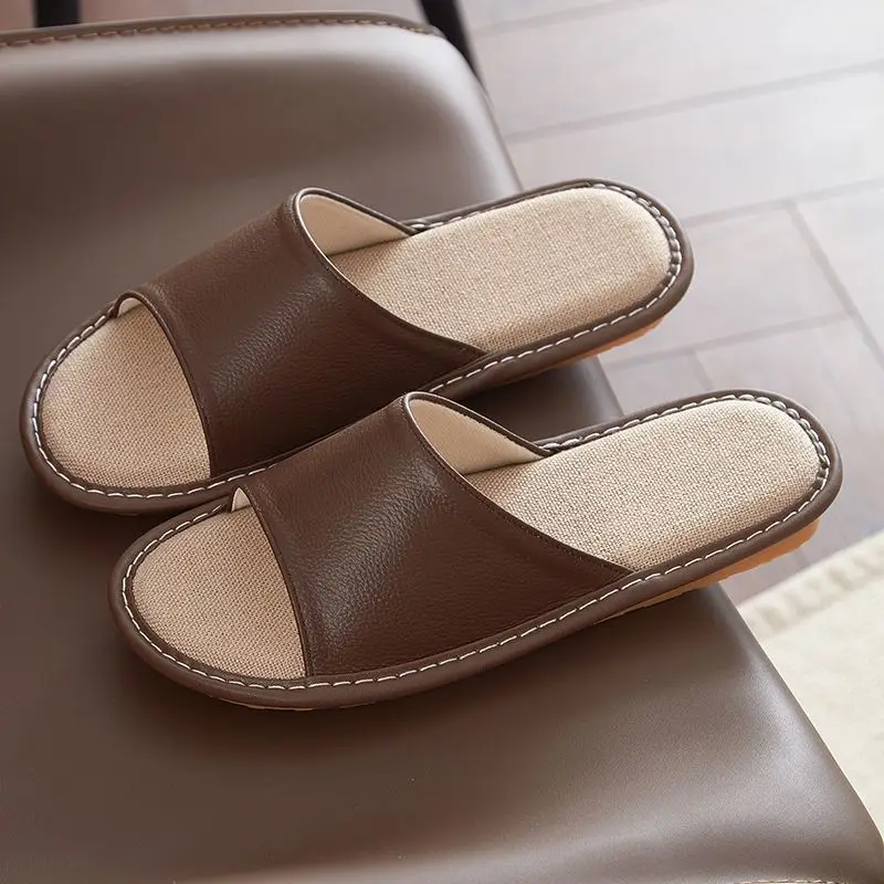 

Premium Men's Leather Slippers with Anti-Slip Durable Sole Indoor Home Sandals for Summer Use