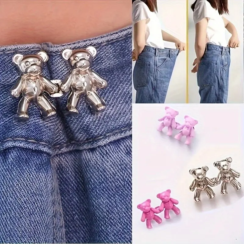 2Pcs Women Tighten Waist Button Metal Pins Clothing Accessories Adjustable Waist Clip Detachable Metal Bear Button for Skirt Pan