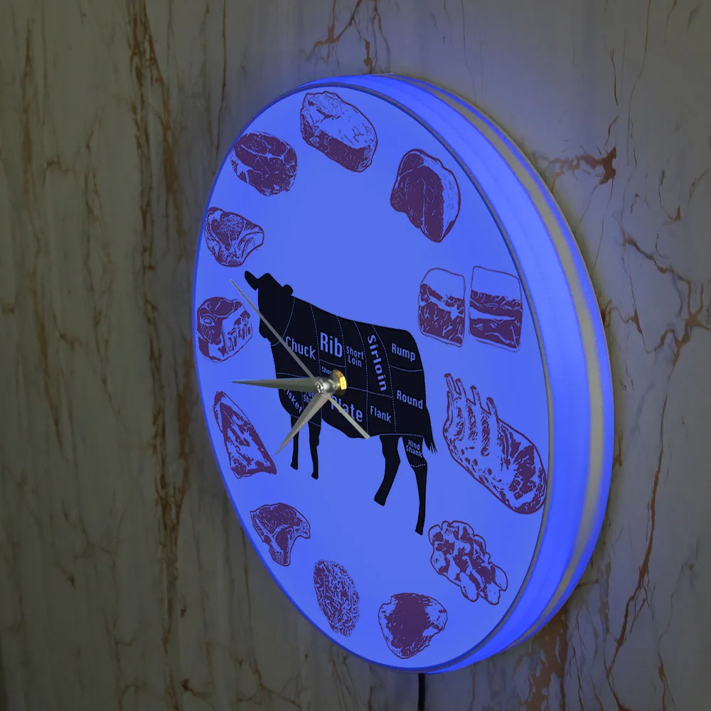 Angus Beef Chart LED Wall Clock Night Light Farmhouse Kitchen Decor Cut Steak Cow Meat Wall Watch With Backlight Butcher Gift