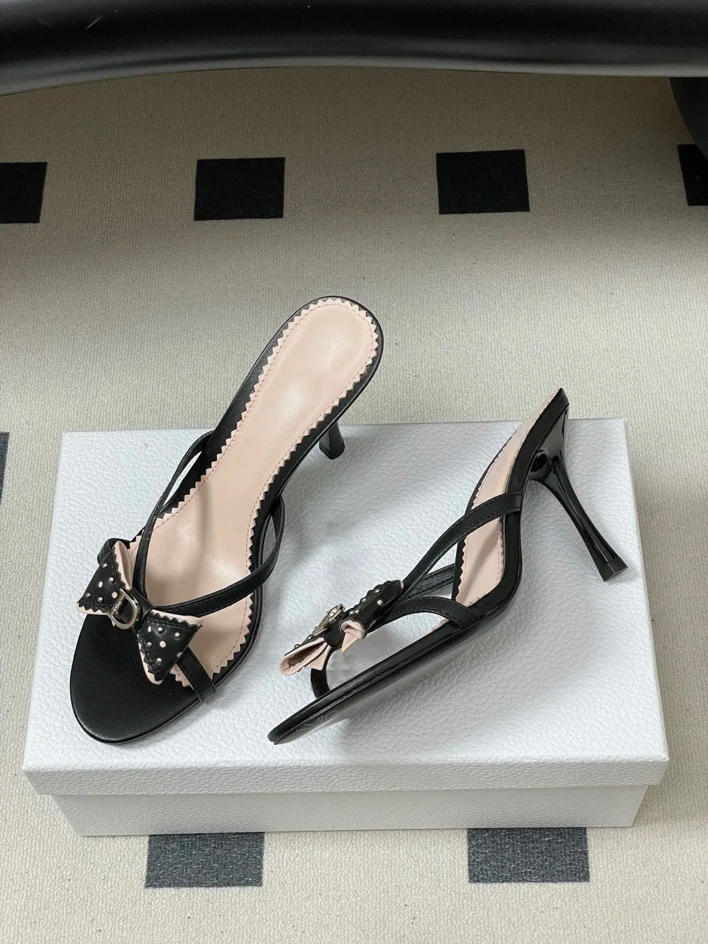 2026 New Sweet Pink Bow Rivet High Heels Women Elegant Thin Strap Stiletto Slippers Fashion Open Toe Slide Sandals Ladies Shoes