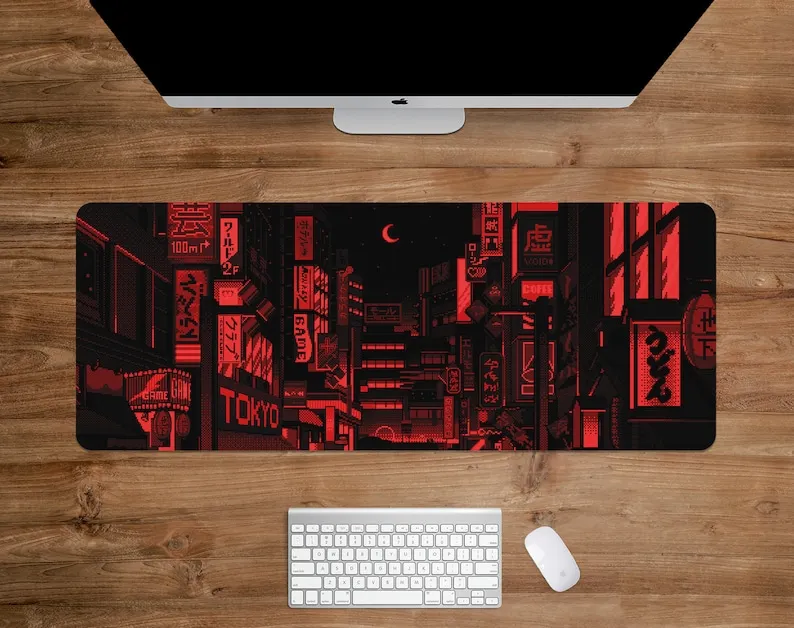 Tokyo Mousepad Black Red Neon Street Vaporwave Anime City Pixel Art Deskmat Japanese Mouse Pad Lofi Desk Mat for Gamers Desk Pad