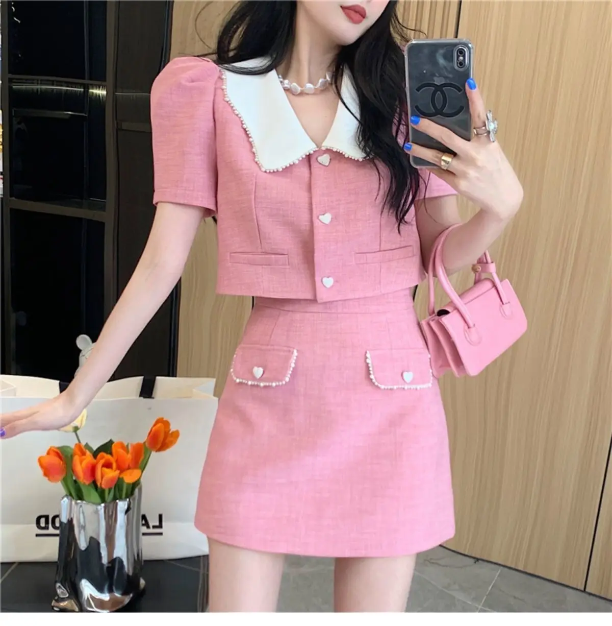 Suit Contrast Polo Neck Bubble Sleeve Sweet Celebrity Suit Jacket Skirt Two-Piece Set Women Bead Temperament French Slim Summer