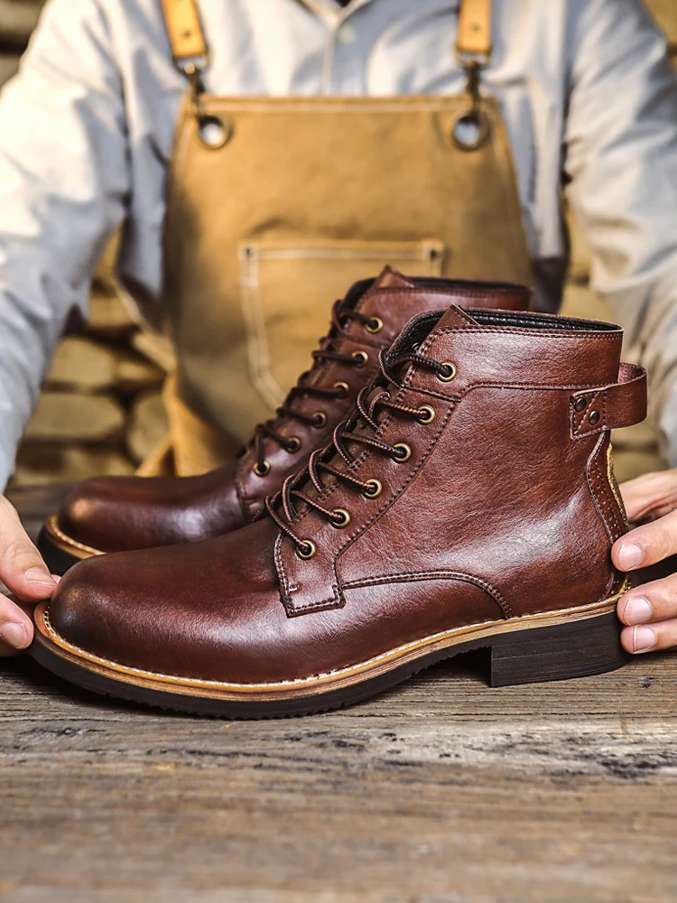 Botas Retro americanas para hombre, botas de trabajo  de cuero genuino, zapatos de motocicleta, botas cortas, botas de ...