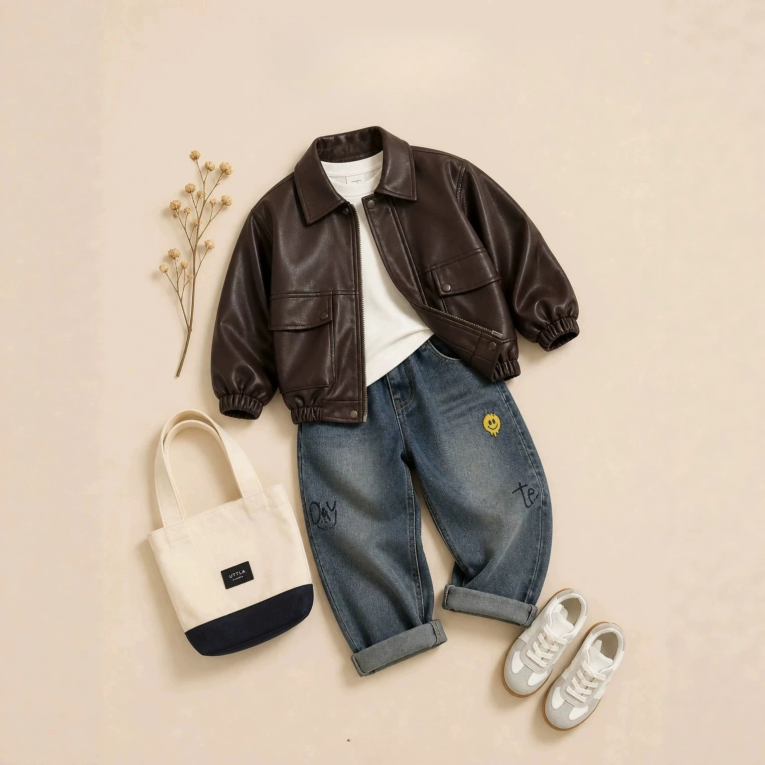 Autumn Set Men's Retro Lapel Single Breast Leather Jacket and Print Jeans Two Price Sets