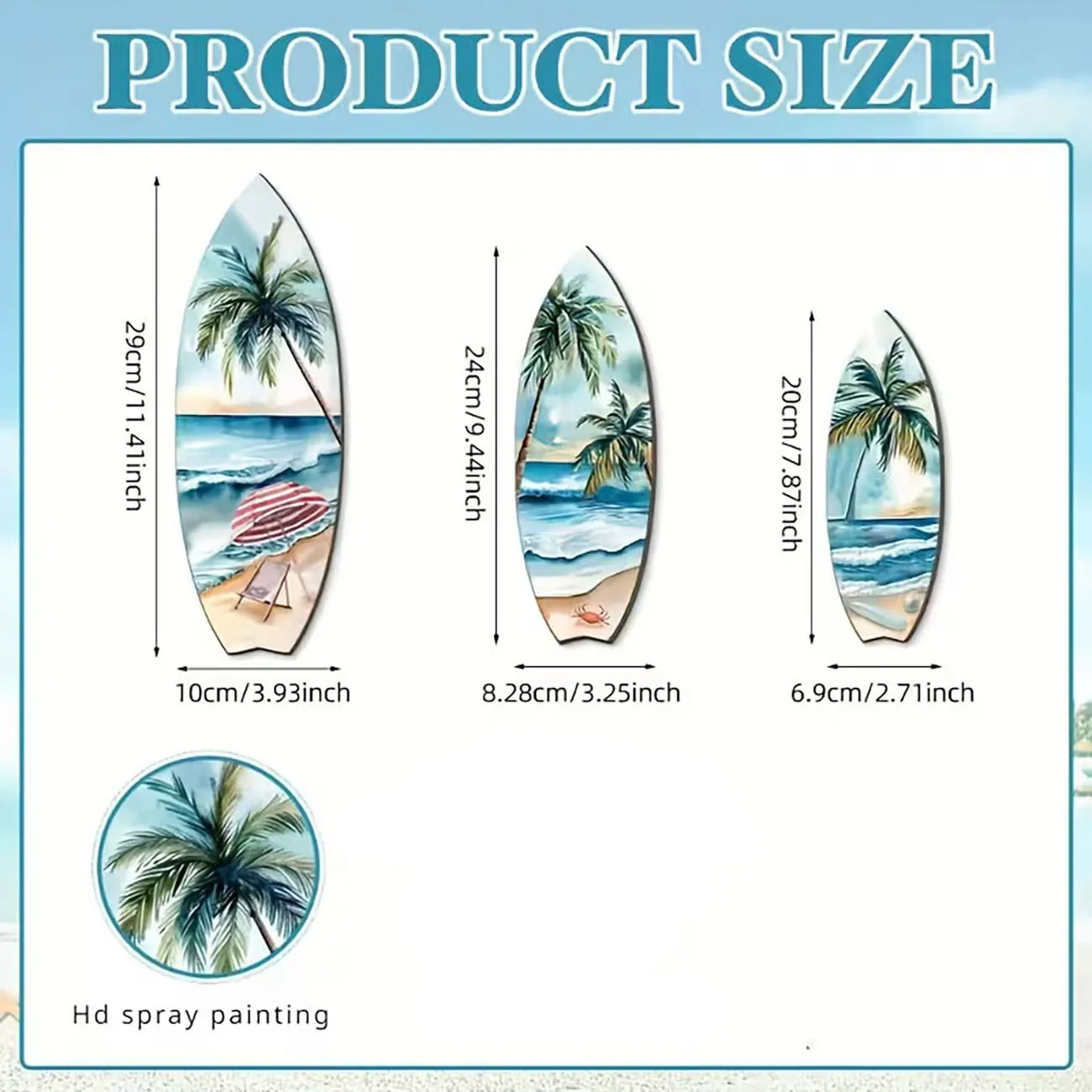 3pcs Ocean View Surfboard Wooden Wall Art Set with Double-Sided Nano Tape, Palm Tree Beach Wood Decor for Summer Home view 3