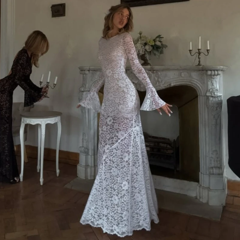 TARUXY Elegant Lace Backless Dress Women's Solid Slim Sexy High Waist Bell Sleeves Autumn New Dress Female Evening Gown