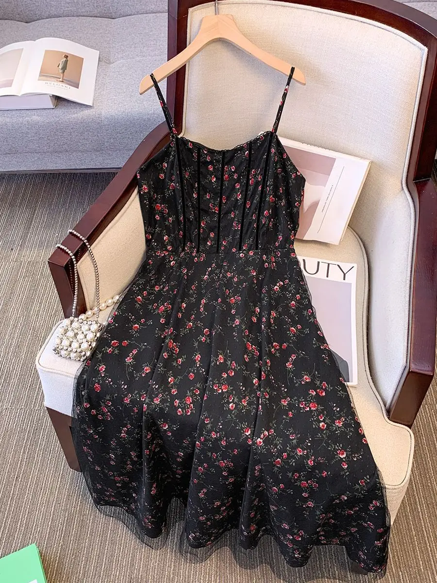 

150Kg Plus Size Women's Bust 155 Summer Loose Mesh Floral Waist Cinched Elegant Suspender Dress Black 5XL 6XL 7XL 8XL 9XL