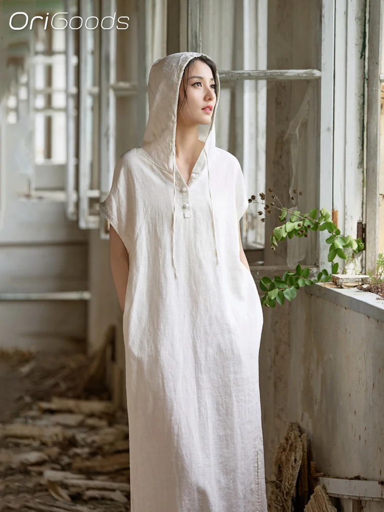 

OriGoods Hooded Dress Women 2025 New Summer Linen Dress Black White Beige Casual Long Dress Ramie Cotton Elegant Vestidos B313