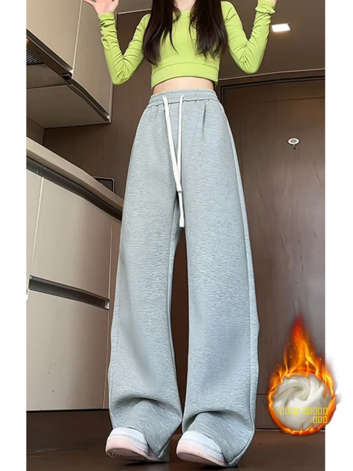 

Женские спортивные брюки с широкими штанинами и подкладкой, осенне-зимние, длинные, свободные, повседневные, прямого кроя, с эффектом утяжки