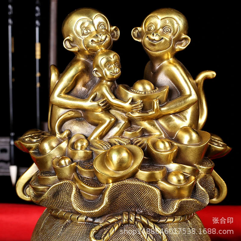 Copper Ingot Ornament: Three Monkeys Bringing Fortune, Zodiac Monkey, Home Entryway Metal Craft Gift
