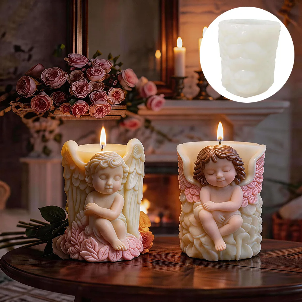 

DIY Healing Angel Cylinder Candle Silicone Mold Wings Angel Resin Mold Angel Flower Relief Concrete Cement Gypsum Mold