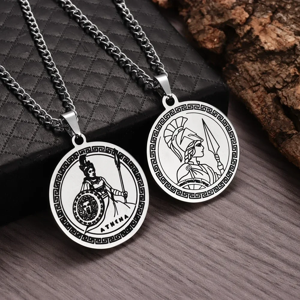 New Gothic Stainless Steel Ancient Greek Goddess Athena Round Pendant Necklace for Men Women Hip Hop Vintage Necklaces Jewelry