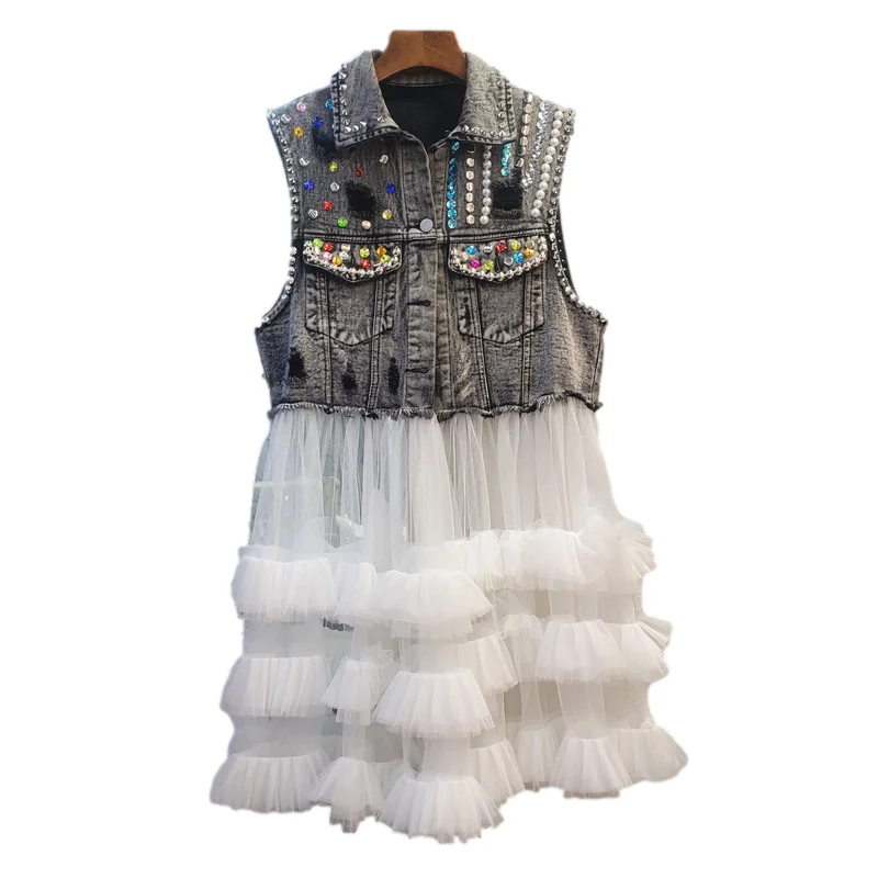 

Summer Fashion Rivet Beaded Diamonds Frayed Hole Grey Cowboy Vest Mesh Splicing Casual Female Sleeveless Jeans Waistcoat Jacket