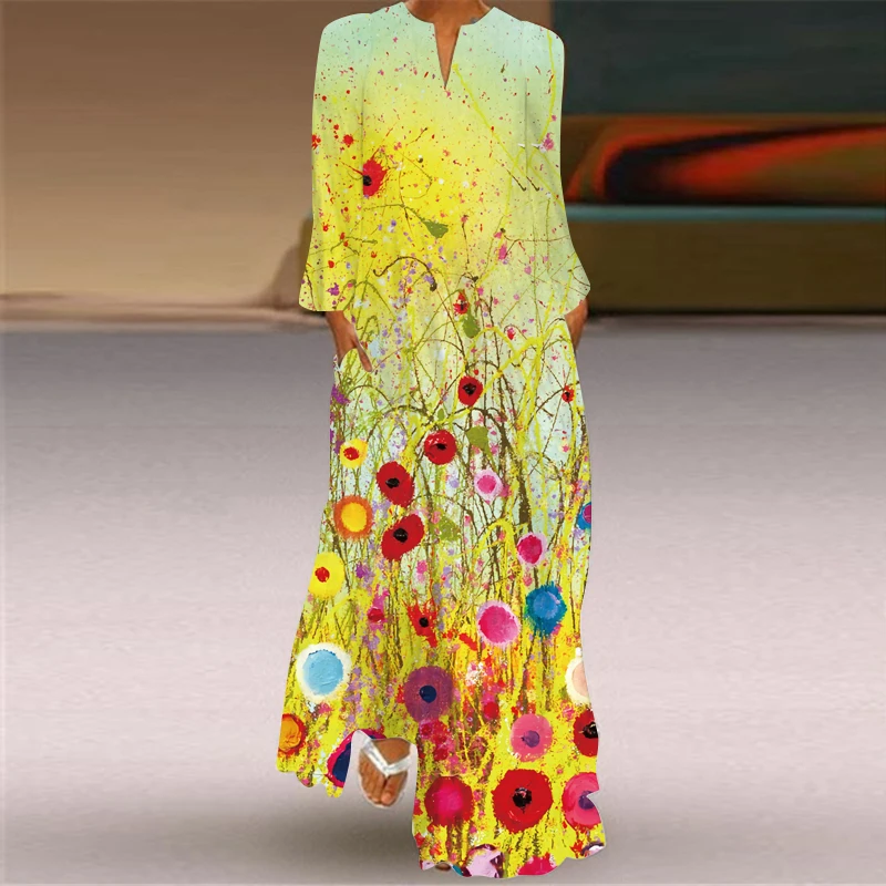 Peacock feathers Print color Dress 2022 Long Sleeve V-neck Casual Breathable Dresses Woman Elegant Girls Autumn Long Dress Women