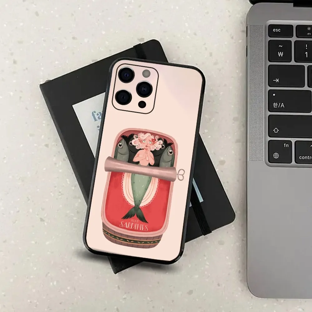 Fish Sardines Art Phone Case For Apple iPhone 15,14,13,12,11,Pro,X,XS,Max,XR,Plus,Mini Soft Black Cover image 5