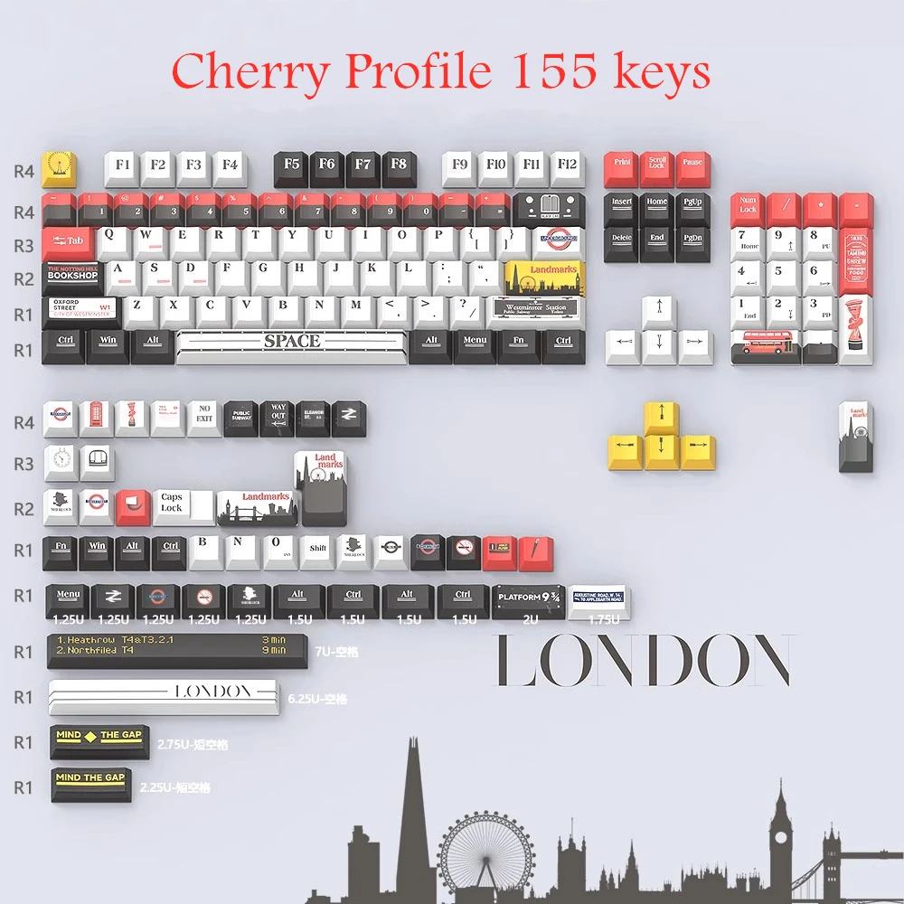 155 Keys/set JSJT London Theme Keycaps PBT Dye Subbed Key Caps Cherry Profile Lightproof Keycap For Wooting ND63 HI75 QK80 87