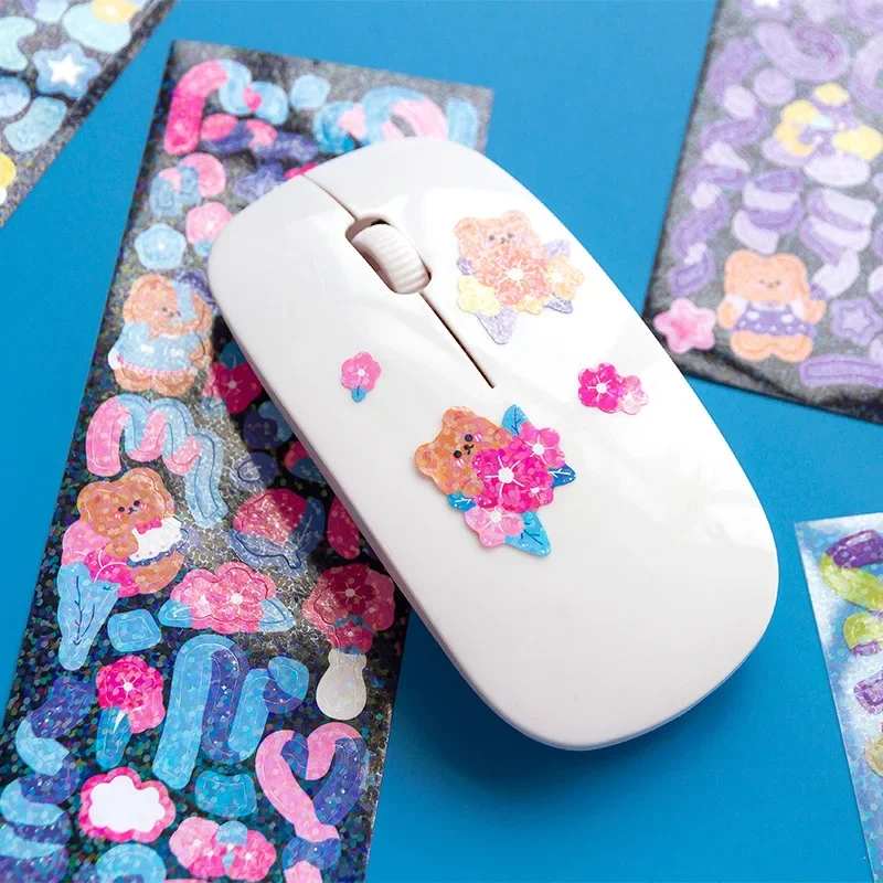 2 Sheets Laser Film Coated Sticker Bear Waltz Series Ribbon Hand Account DIY Material Decorative Stickers