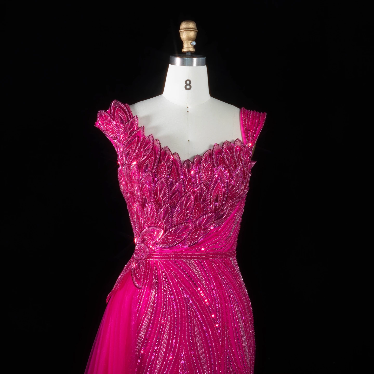 Sharon Said Fuchsia Abendkleid, schulterfrei, 3D-Blattstickerei, seitlicher Tüllfall, Meerjungfrauen-Schnitt, formelle Partykleider, SS106, maßgeschneidert – Detail 6