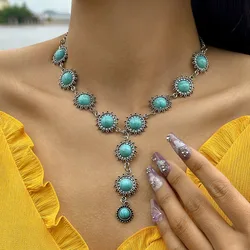 Bohemian style retro turquoise, versatile ethnic style geometric alloy necklace with collarbone chain for women