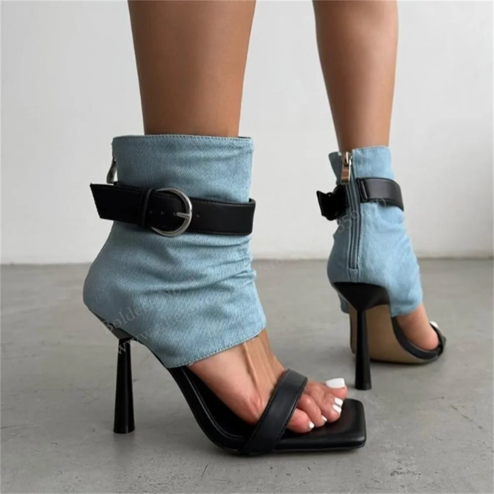 White Square Toe High Heel Ankle Boot Women Sexy Buckle Strap Stilettos Back Zipper Elegant Solid Color Summer New Sandals