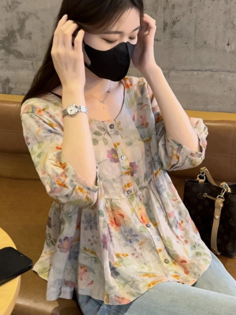 Loose Floral Cotton Linen Short Sleeve T-Shirt Women plus Size Slimming Belly Covering Korean Japanese Style Casual Top