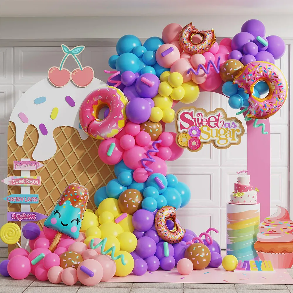 154Pcs Rainbow Donut Balloon Arch Garland Set with Sprinkles Donut Ice Cream Lollipop Foil Balloons for Girls Kids Candy Donuts