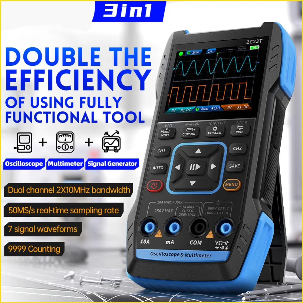 For FNIRSI Latest 2C23T 3-In-1 Multimeter Digital Oscilloscope Signal Generator, Dual Channel 10MHZ*2 50MS/S, 9999 Counts