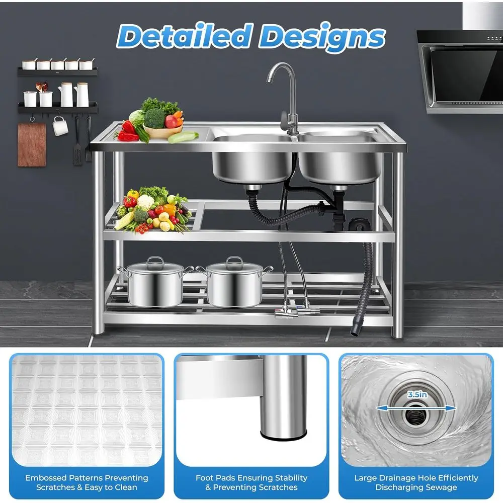 Free-Standing Stainless Steel Double Bowl Utility Sink with Hot/Cold Faucet and Storage Shelves for Commercial Use