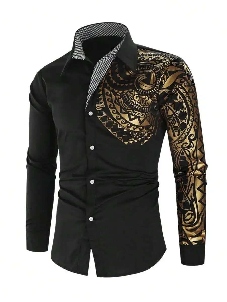 

Men's Black Long Sleeve Shirt with Gold Tribal Print and Checkered Collar