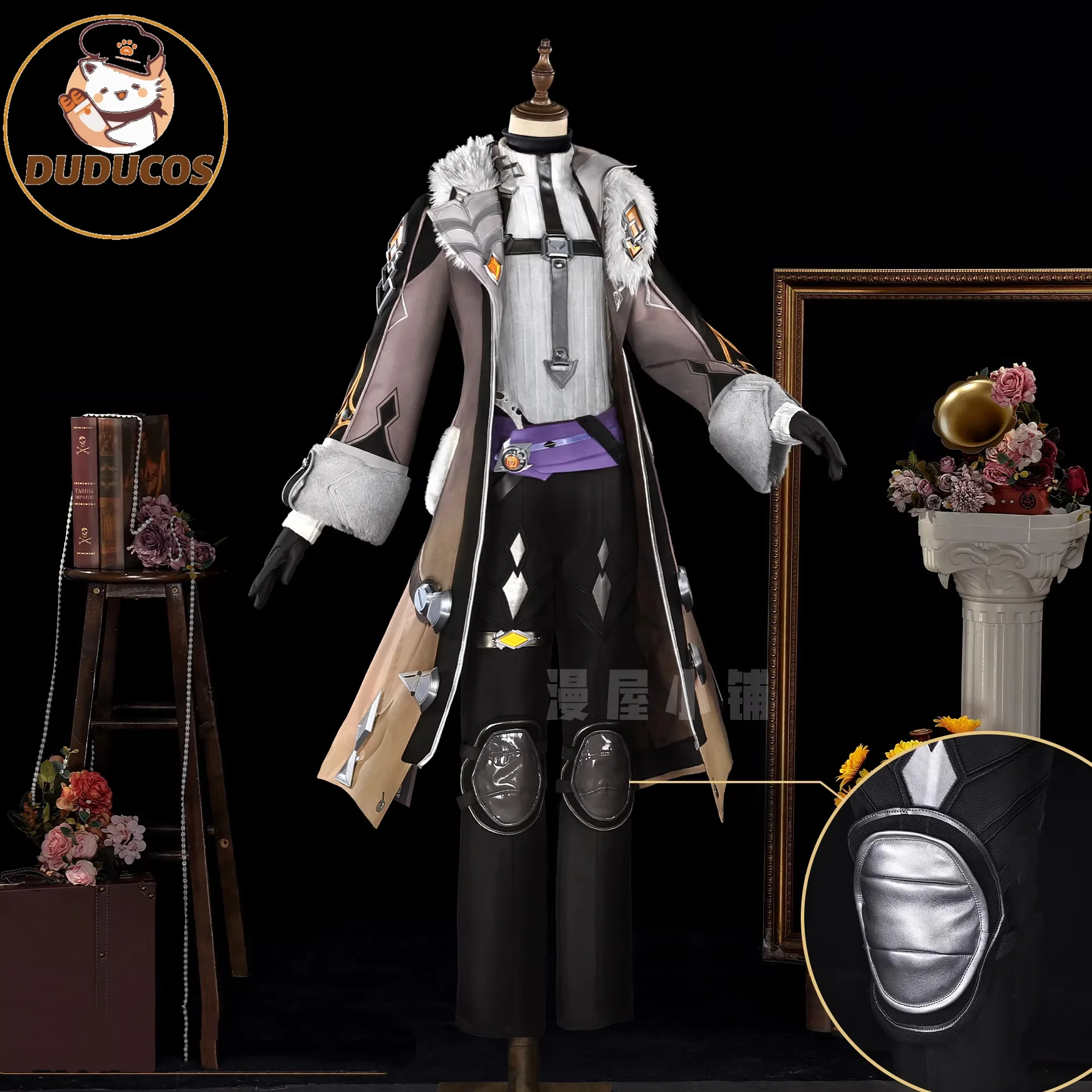 DUDUSR Illuga Genshin Impact Damen Herren Cosplay-Kostüme Perücke Grau Rot Gestreifte Perücke Mantel Hose Requisiten-Set Party Karneval Bühne Hallo