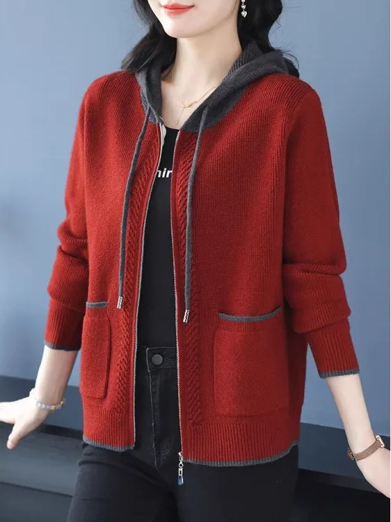 

Faionable Color Blo Knitted Sweater Coat with Hood Autumn Winter New Arrival Women's Premium Clothing Bright Silk Detail