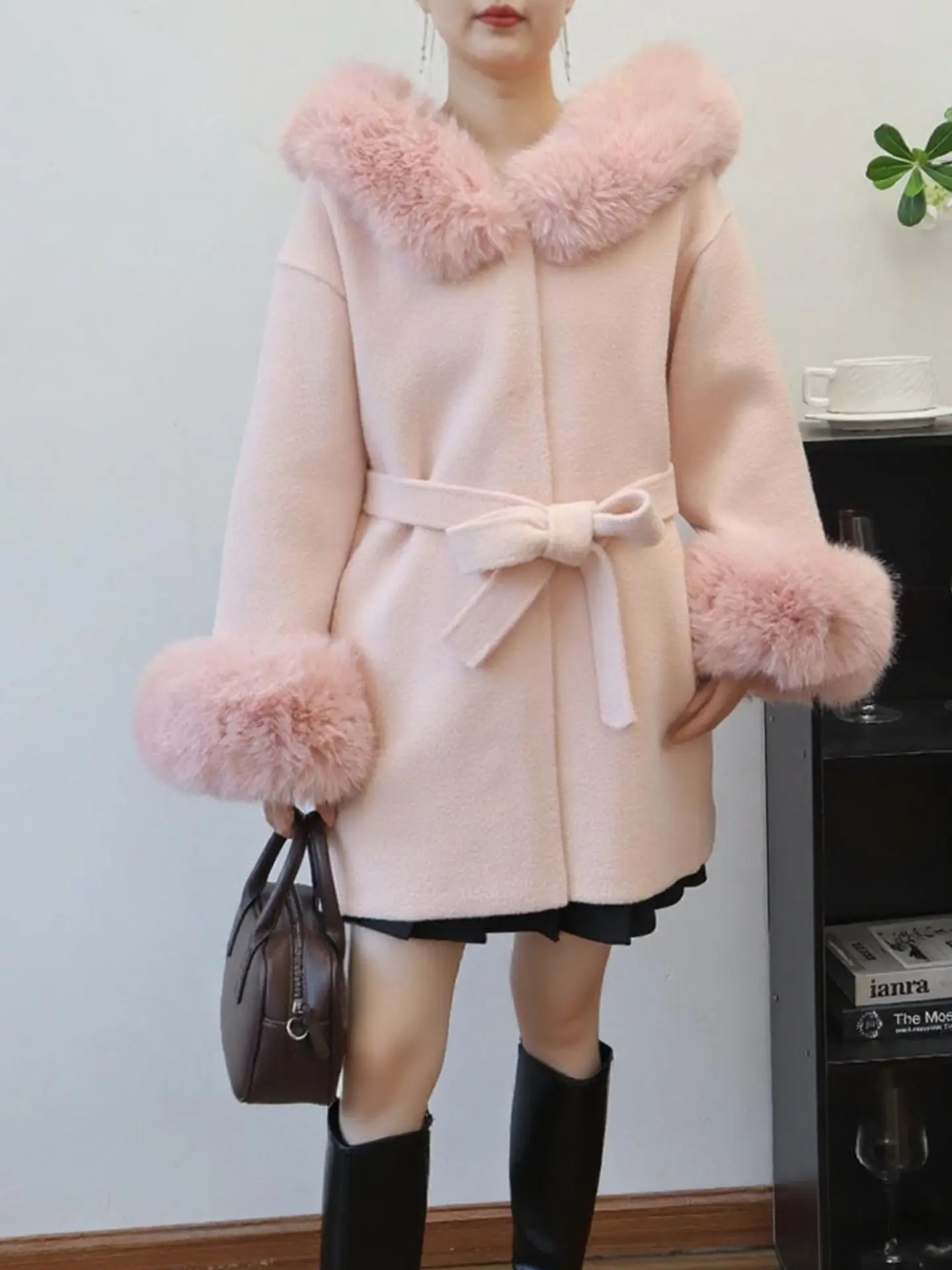 Autumn Winter Imitation Fox Fur Collar Hooded Cardigan Woolen Coat Double Sided Blends Jacket Female High End Strap Shawl Coat