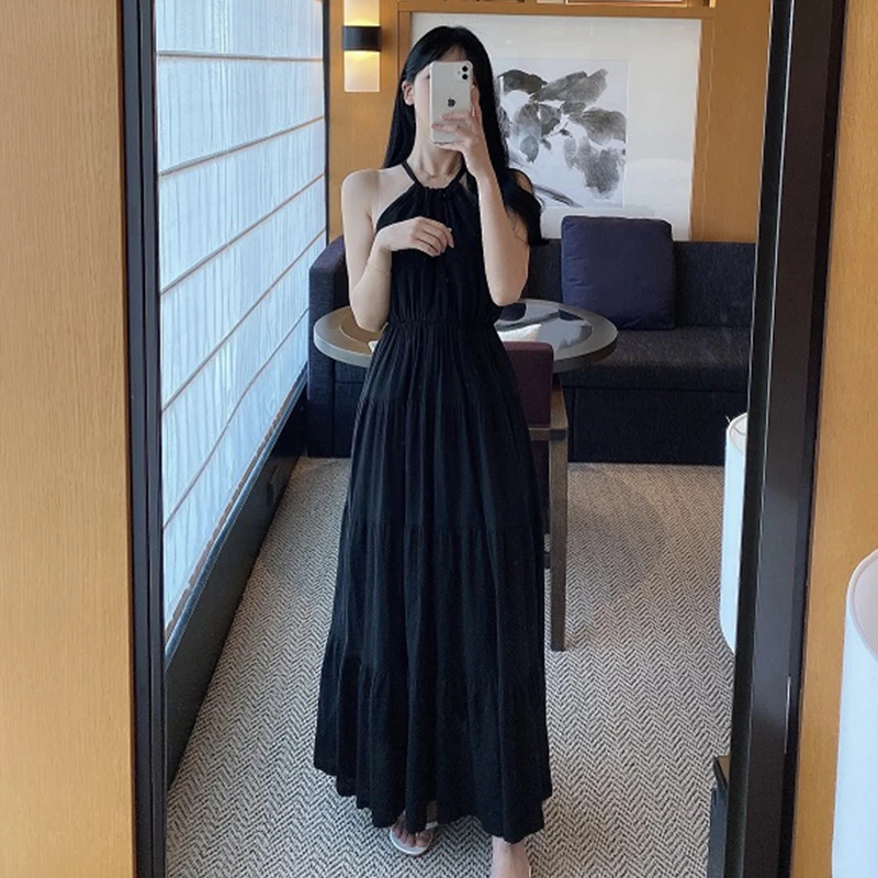 Korean Fashion French Off Shoulder Dress Pleated Lace-up Slim Fit Knee Length Dress Design Elegant Sleeveless Womens Dresses