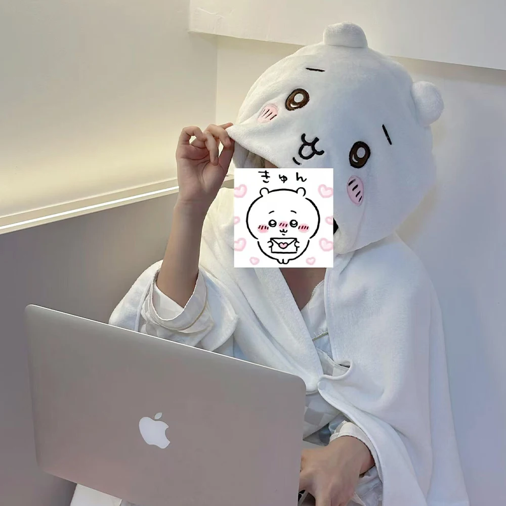 Cute Chiikawa Hachiware Usagi Hooded Plush Blanket Cloak Kawaii Anime Warm Throw Cape Office Cartoon Cosplay Wrap Gift for Girls