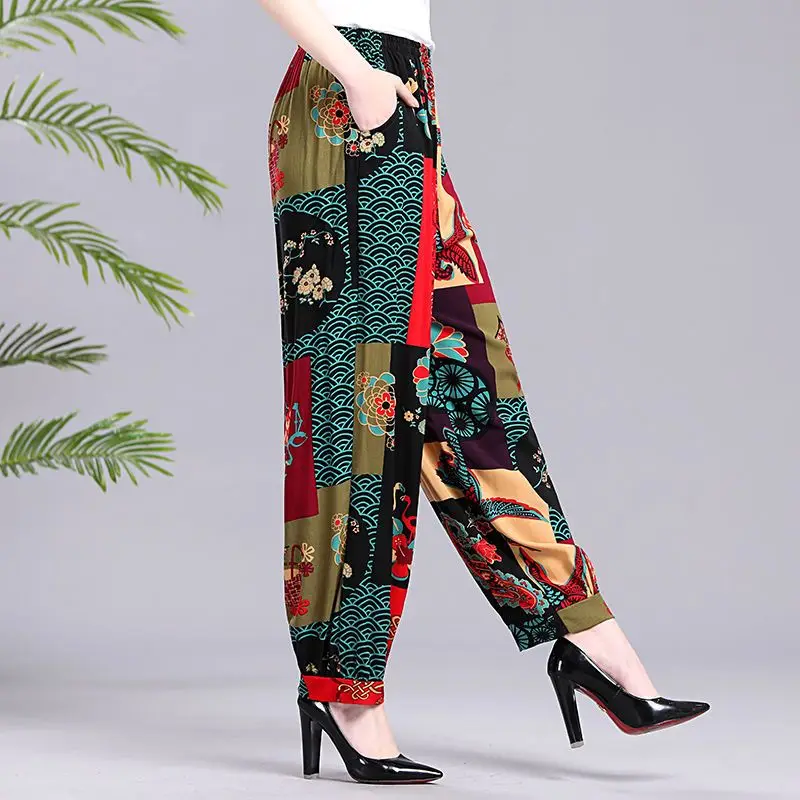 2024 Women\'s Beach Trendy Print Loose Breathable Summer Female Fashion and Casual Versatile Elastic High Waist Lantern Pants