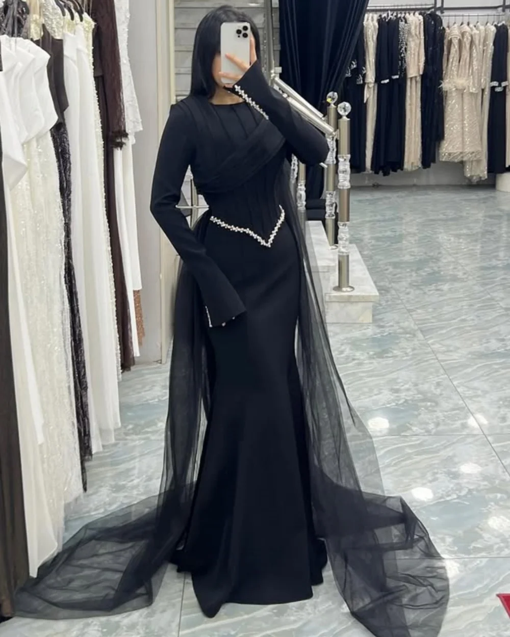 

Customized Classic Women Jersey Rhinestone Ruched Mermaid Evening Dresses High Quality O-Neck Long Sleeves Floor Lenght Dresses