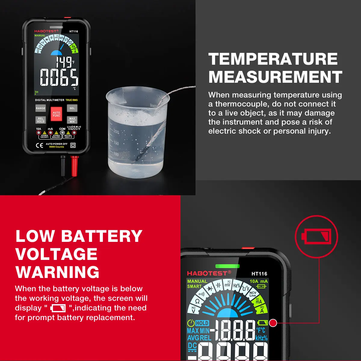 HABOTEST HT116 multimetr cyfrowy 9999 zliczeń automatyczny zakres 1000 V 10A miernik testowy Ohm Hz pojemność True RMS inteligentny Multitester