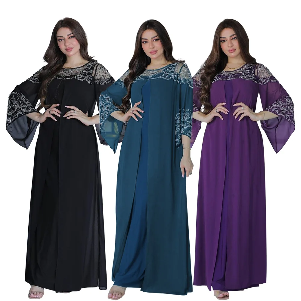 

Women Middle East Muslim Two-piece Clothes Set Robe Fashion Hot Diamond Jalabiya Dress Abaya
