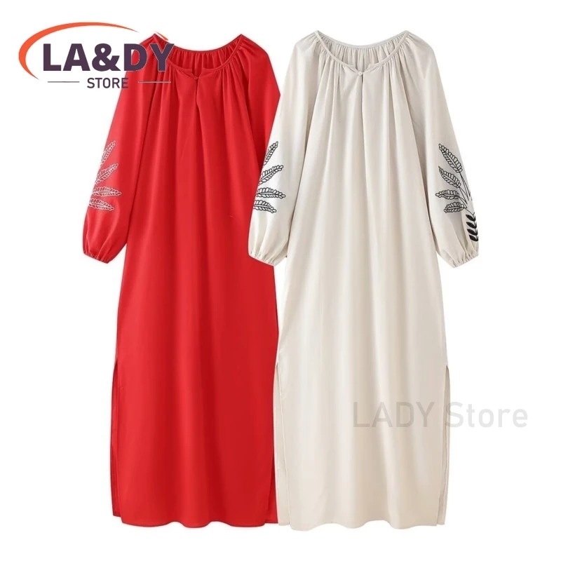 2024 Spring Summer Woman Fashion Loose Round Neck Split Dress Female Casual Long Sleeve Elegance Pullover Midi Dresses