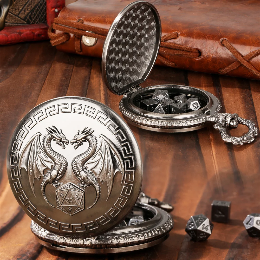 Grey Black/Bronze Double Dragon Pocket Watch Case Mini Dice Set Novel Gift for Dice Lovers Fob Chain Pendant Polygon Game Dices