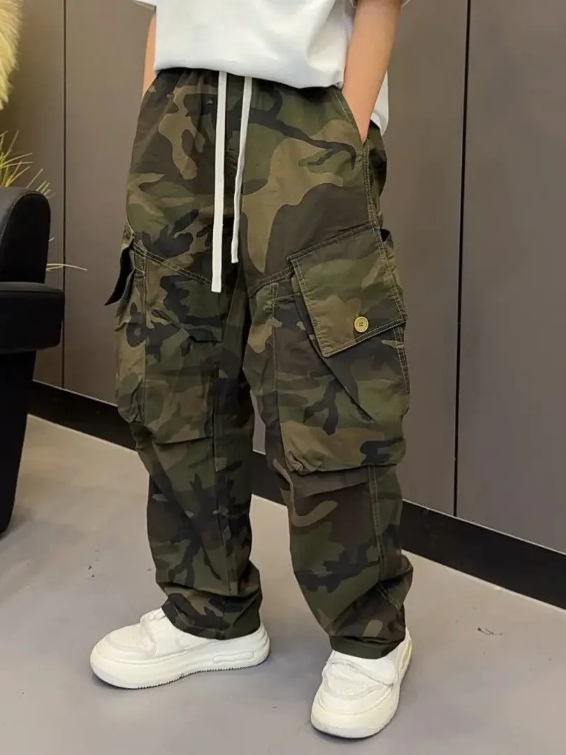 

Американские камуфляжные рабочие брюки в стиле ретро, мужские свободные широкие брюки, осенние новые универсальные брюки для лесозаготовок, прямые брюки C...