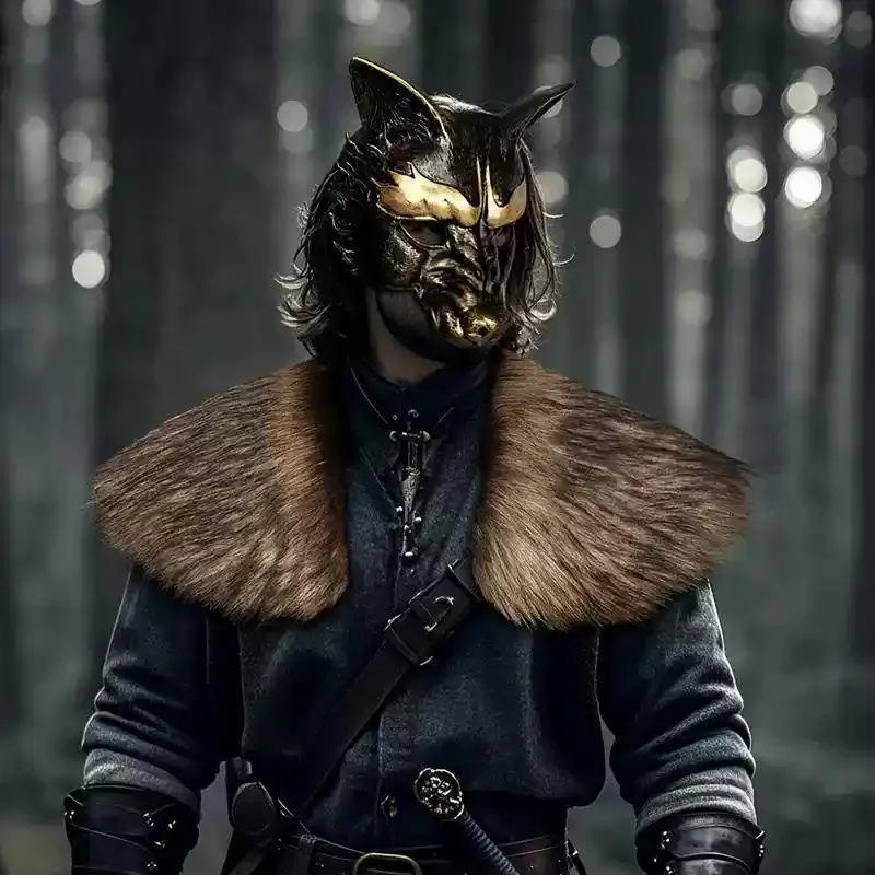 Medieval Warrior Cosplay Costume Set with Fur Shoulder Cape Wolf PU Mask for Halloween Party Role‑Play Outfit