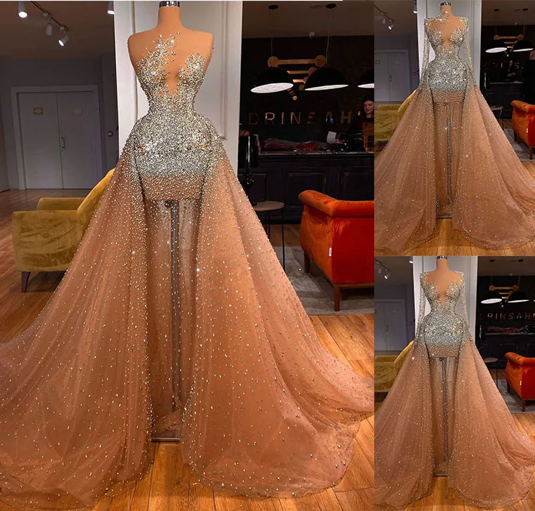 Luxurious More Beaded Evening Dresses Sheer Neck Rhinestones Long Sleeves Prom Gowns Custom Made With Overskirts Party Dresses