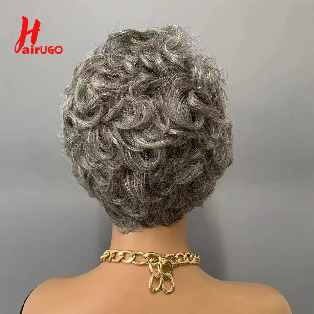 Gray Short Pixie Cut Wigs Human Hair Natural Wave Wigs With Bangs Brazilian Color #51 Gray Glueless Wigs Curly Pixie Cut Wigs