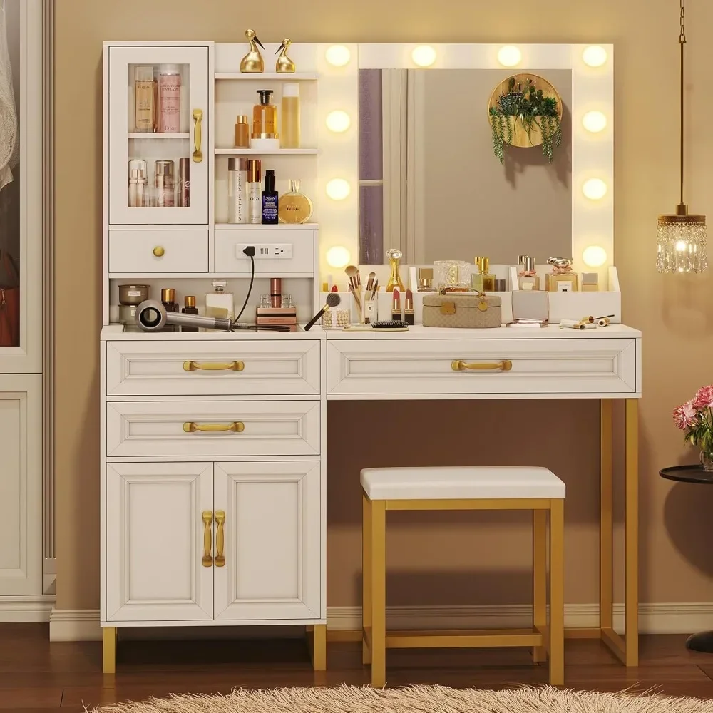 

Makeup Vanity Desk with Mirror and Lights & Charging Station & Makeup Stool, Vanity Table Set with Glass Top Storage Drawer