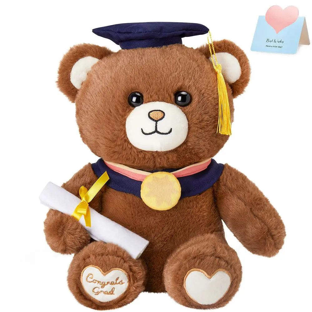 Stuffed Graduation Bear Plush Toys Cotton Brown Bear Throw Pillow Animal Doll Toys Sofa Home Decor Gift for Girls School Party